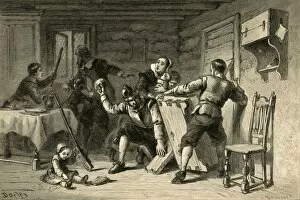 Barricade Collection: Puritans Barricading Their House Against Indians, (1877). Creator: Albert Bobbett