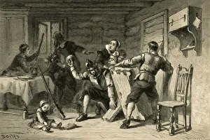 Mallet Prints: Puritans Barricading Their House Against Indians, (1877). Creator: Albert Bobbett