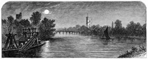 Putney Collection: Putney Bridge and Church by Moonlight, 1880. Artist: Robert Taylor Pritchett