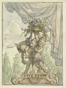 Three putti with a flower basket, 1677-1755. Creator: Elias van Nijmegen