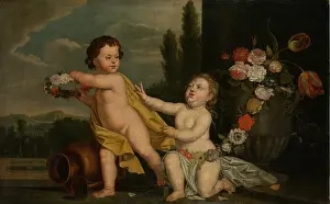 Garland Prints: Two Putti with Garlands of Flowers, 1700-1800. Creator: German Master
