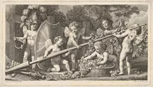 Mischief Gallery: Six putti playing with the arms of Mars, four holding onto a large lance