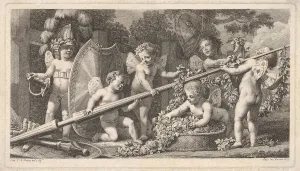 Six putti playing with the arms of Mars, four holding onto a large lance Six putti playing with the arms of Mars, four holding onto a large lance