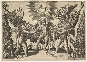 Master Of The Gallery: Two putti presenting cups full of gold to a putto in the guise of the god of riches
