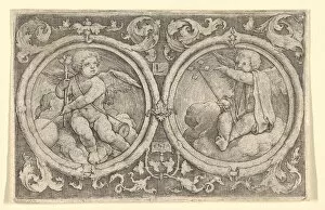 Tendril Gallery: Two Putti Seated in Clouds in Circles with Tendrils, 1517. Creator: Lucas van Leyden