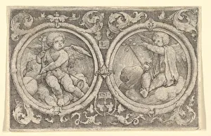 Lucas Jacobsz Prints: Two Putti Seated in Clouds in Circles with Tendrils, 1517. Creator: Lucas van Leyden
