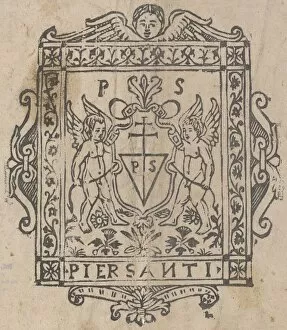 Simon Collection: Two Putti with Shield Inscribed Pier Santi, 16th century. Creator: Unknown