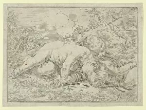 Two putti sleeping in a landscape, after Reni, 1637. 1637. Creator: Anon
