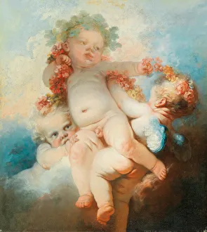Amor Collection: Three putti wreathed with flowers. Creator: Fragonard, Jean Honore (1732-1806)