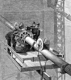 Cable Collection: Putting wire wrapping around the suspension cables, Brooklyn Suspension Bridge, 1883