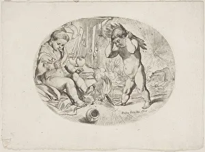 Testa Pietro Prints: Putto at left by a fire, another at right carrying wood