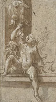 Brush And Brown Wash Collection: A Putto Seated on a Frame, ca. 1538-40. Creator: Girolamo Mazzola Bedoli