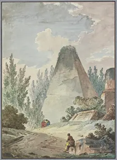 Robert Hubert Prints: Pyramid with a broken point in an ancient ruined landscape