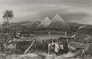 Pyramids from the banks of the Nile, Egypt, 1840. Creator: Emile Rouargue