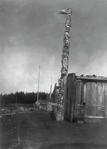 Qagyuhl Prints: Qagyuhl village at Fort Rupert, c1914. Creator: Edward Sheriff Curtis