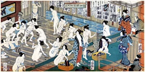 Bucket Collection: Quarreling and scuffling in a womens bathhouse, Japan.Artist: Yoshiiku