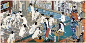 Bucket Collection: Quarreling and scuffling in a womens bathhouse, Japan.Artist: Yoshiiku