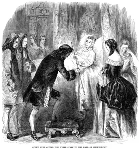 Queen Anne (1665-1714) handing over the white staff to the Earl of Shrewsbury, c1714