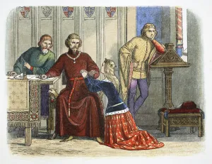 James William Edmund Prints: Queen Anne intercedes with Gloucester and Arundel for Sir Simon de Burley, 1388 (1864)