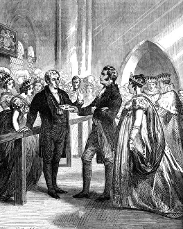 Denial Prints: Queen Caroline (1768-1821) being turned away from Westminster Abbey, 1820 (c1895)