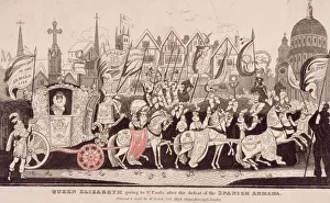 Queen Elizabeth I travelling by coach to St Pauls after the defeat of the Spanish Armada, c1840
