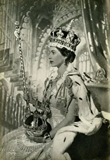 Jewels Prints: Queen Elizabeth II with crown, orb and sceptre, 2 June 1953, (1962). Creator: Unknown