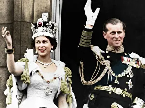 Crown Collection: Queen Elizabeth II and the Duke of Edinburgh on their coronation day, Buckingham Palace, 1953