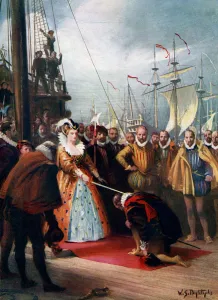 Images Dated 17th August 2007: Queen Elizabeth Knighting Sir Francis Drake, 1581, (c1920). Artist: WS Bagdatopulos