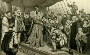 Queen Bess Prints: Queen Elizabeth Knighting Sir Francis Drake, (1902). Creator: Unknown