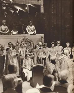 Queen Mother Prints: Queen Elizabeth looks on as her husband is crowned on the day of his coronation, 1937