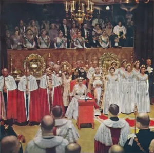 Abbey Collection: The Queen, after her entry into the Abbey Church of Westminster, is seated in her