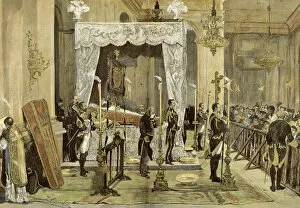 Printmaking Gallery: Queen Maria de las Mercedes Orleans receiving last rites queen of Spain, wife of Alphonse XII
