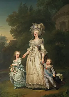 Antoinette Prints: Queen Marie Antoinette of France and two of her Children Walking in The Park of Trianon