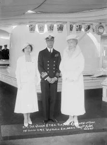 Queen Mary with the Duke and Duchess of York aboard HMY Victoria and Albert, 1933