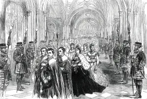 Saxe Coburg Princess Beatrice Of Prints: The Queen Opening Parliament: Procession in the Peers Corridor, 1876. Creator: Unknown