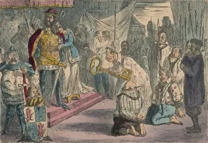 Burgess Collection: Queen Philippa interceding with Edward III for the Six Burgesses of Calais, 1850. Artist: John Leech
