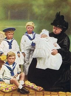 Queen Victoria (1819-1901) pictured with some of her great-grandchildren, at Osborne House on the Is