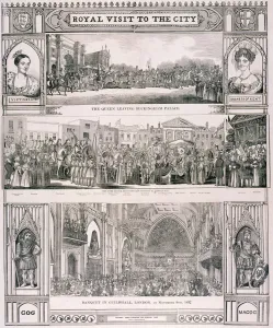 Queen Victorias visit to the City of London, 1837. Artist: Nathaniel Whittock