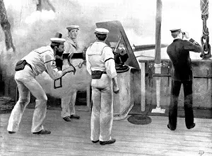 Steamship Prints: Quick firing practice with a six-pounder Hotchkiss Gun, 1898. Creator: Unknown