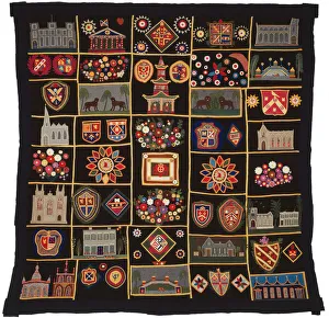 Animal Motif Prints: Quilt with Buildings, Animals, and Coats of Arms, New York, c. 1890. Creator: Unknown