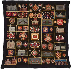 Heraldic Gallery: Quilt with Buildings, Animals, and Coats of Arms, New York, c. 1890. Creator: Unknown