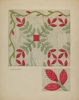 Quilting Prints: Quilt (Red and Green Leaves), c. 1941. Creator: Charles Roadman