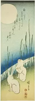 Utagawa Hiroshige Collection: Rabbits under full moon, c. 1830s. Creator: Ando Hiroshige