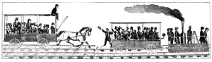 Race between Peter Coopers locomotive Tom Thumb and a horse-drawn railway carriage, 1829