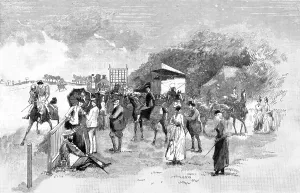 The Racing Season at Newmarket; Watching the preliminary canter, 1890. Creator: Unknown