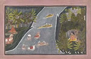 Opaque Watercolor Collection: Radha Crosses a River to Interview a Hindu Sage, ca. 1820. Creator: Chokha