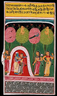 Bower Prints: Radha and Krishna Embracing in a Bower