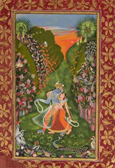 Flowering Prints: Radha and Krishna Walk in a Flowering Grove (recto); Krishna Fluting (verso), c1720