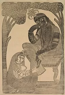 Kalighat Painting Gallery: Radha Stroking Krishnas Feet, 1800s. Creator: Shri Gobinda Chandra Roy