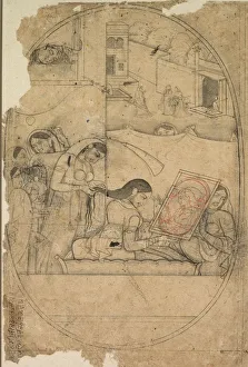 Northern India Prints: Radhas Hair Being Dressed, c. 1790-1800. Creator: Unknown